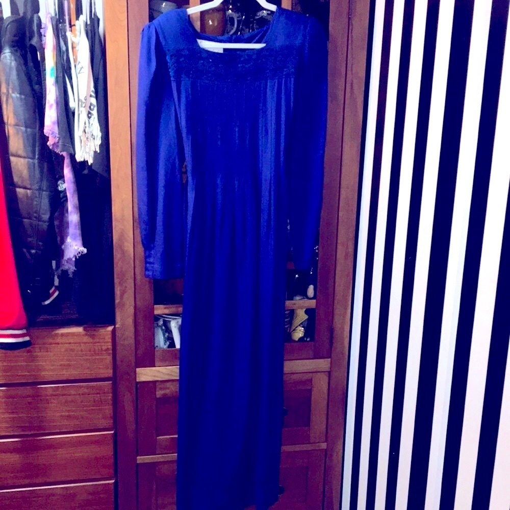 Vintage 80s Royal Blue Prairie Dress Modest Long Sleeve Size 12 Woman’s Large XL